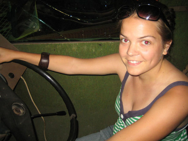 Brigid driving a Casspir in the Apartheid Museum