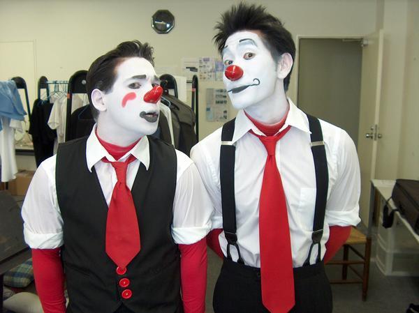 Ryan and Rob dressed up as whiteface clowns