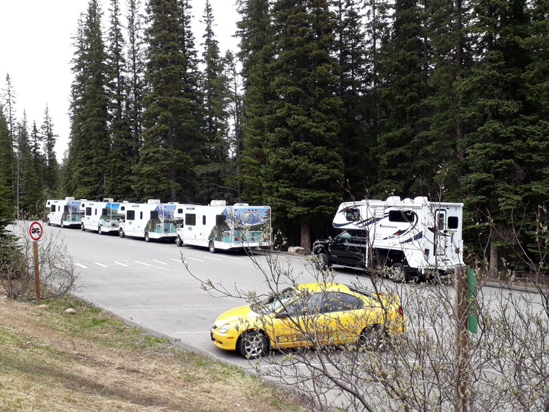 Not sure of collective noun for a few RV's all parked at Moraine Lake 
