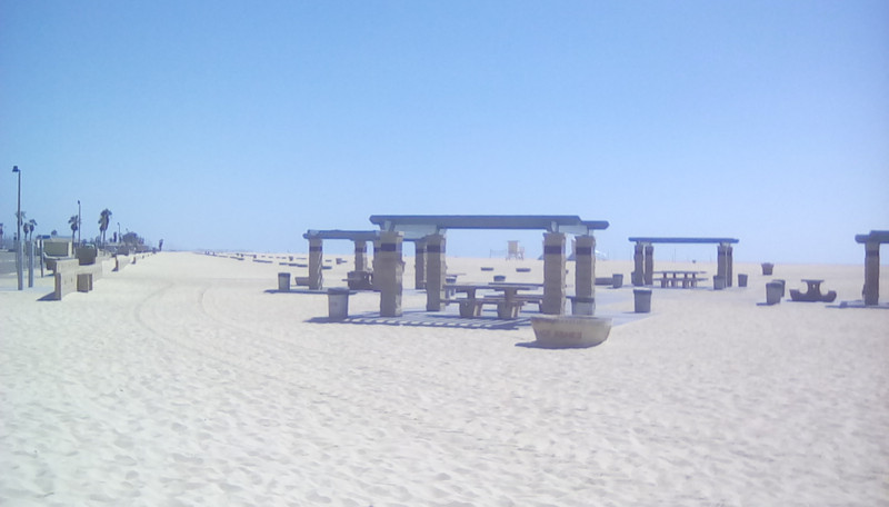 Picnic tables on Huntington beach