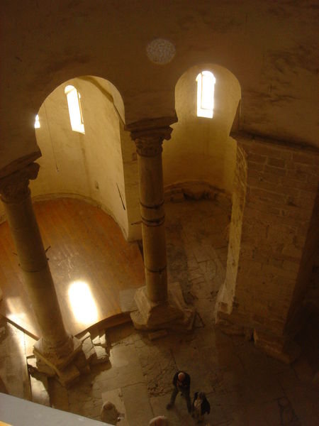 Looking back down to the lower floors of the Church of St Donat