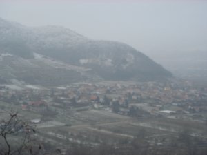 Looking over snow covered vineyards of the Wachau Valley