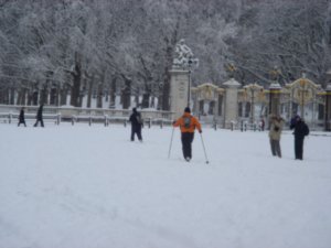 A skier working his way in front of Buckingham Palace towards Green Park