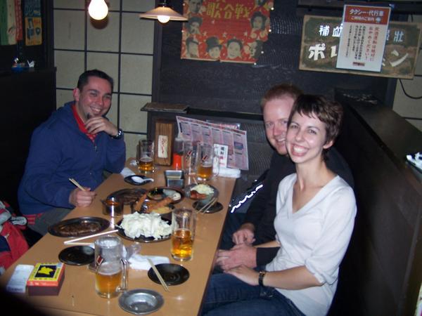 Tide, Lachlan and Ariana enjoying Japanese cuisine and beer