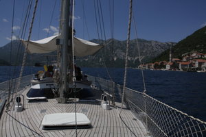 Cruising past Perast on the Monty B, Bay of Kotor, Montenegro