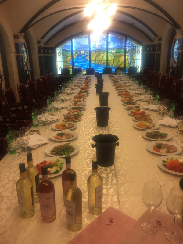 Room in Cricova set for meal and wine tasting 