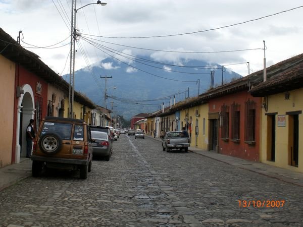 Antigua street with volcano view