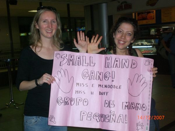 Emma and Hannah at the airport with my fabulous (!?!) sign!