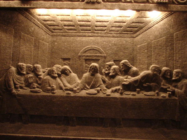 The last supper carved into rock salt mine chapel