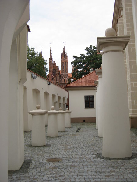 View of two churches from courtyard of another church