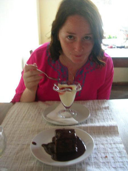 Red poppy dessert and Dee's chocolate brownie (and me)