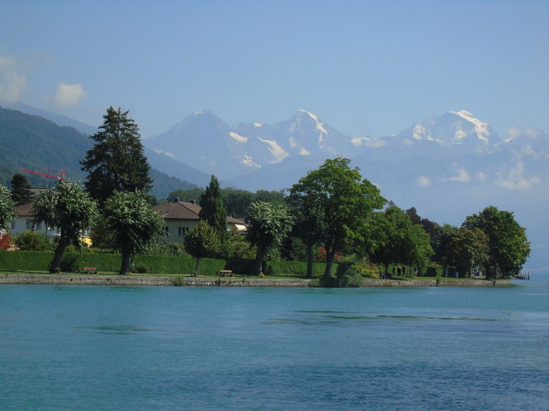 Our first view, from the head of Lake Thun, of Jungfrau, Monch and Eiger