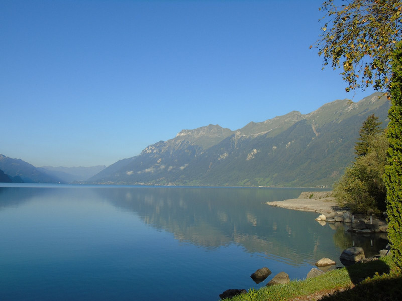 Our pitch at the Brienz campsite gave us a reflection view over the lake on our last morning. We were sorry to depart 