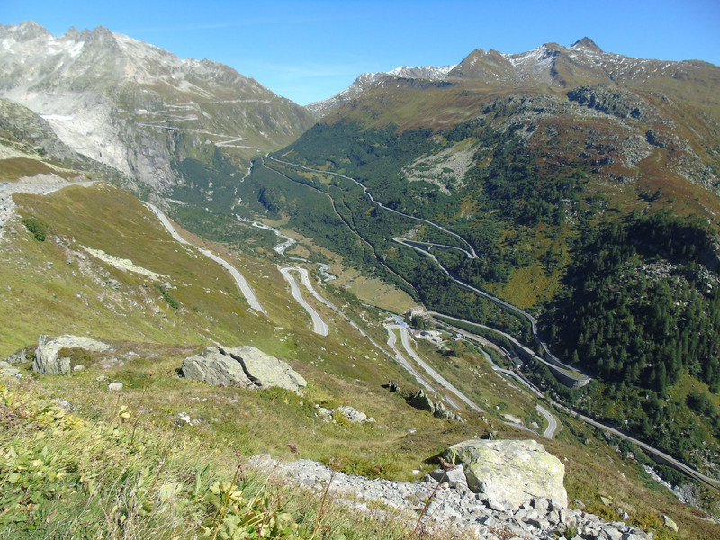 From the Grimmelpass the road drops steeply down to the hamlet of Gletsch and immediately starts climbing again to the Furkapass