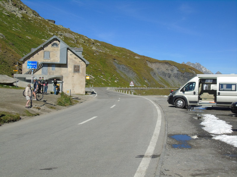 On the Furkapass, probably the highest the van will ever achieve. The cyclist Wendy is chatting to had just completed 3 passes in 5 hours