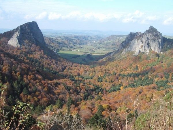Classic Auvergne eroded volcanic plugs, Roches Tuiliere and Sanadoire    