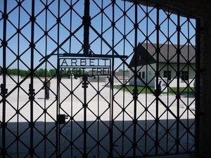 The entrance gate. The lettering says Work Sets You Free a bit of Nazi propaganda