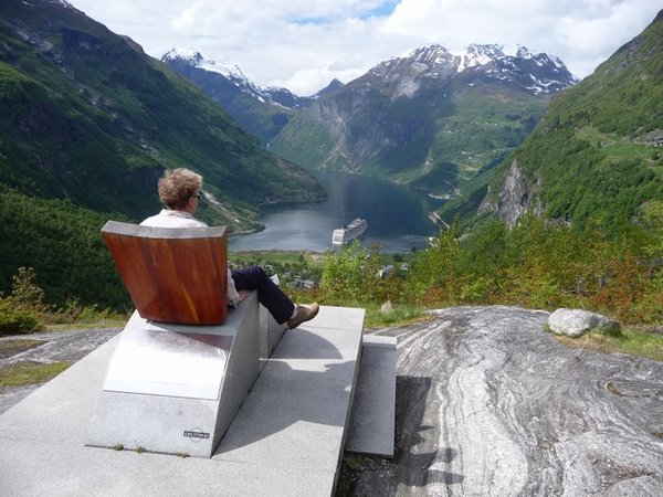 Wendy admiring the view from a seat dedicated to Queen Sophia