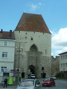 A town gate that the main road passes through on in an Austrian town close to the border with Slovakia