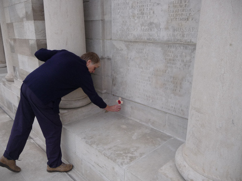 Wendy’s uncle Ernest Walter Hughes who was killed on 22 March 1918 aged 22 is listed at the Pozier memorial. She left a small cross to his memory below the panel where his name is engraved