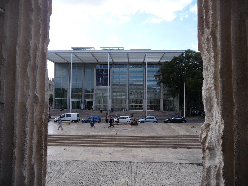 The modern contemporary art gallery designed by Norman Foster was across the road from the temple