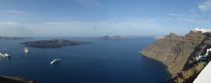 A panorama of the caldera from the path. Imeroviglia is on the right. There were cruise ships moored throughout our stay. Coping with the thousands of visitors they bring at the same time can be a problem for the island