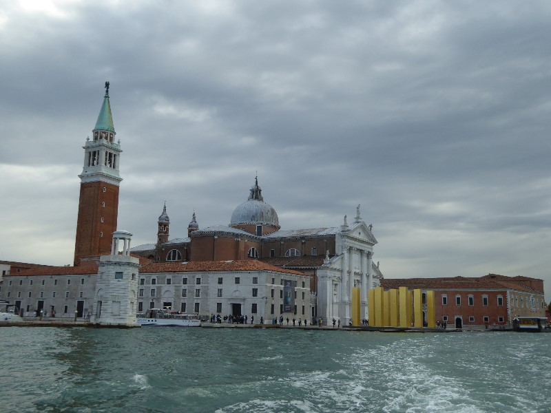 The church on the island of San Giorgio Maggiore with a modern sculpture in the foreground and its campanile behind