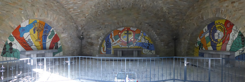 It contains alters with Protestant, Catholic and Jewish themed mosaics