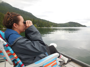 Teri spying on wildlife at Flathead Lake
