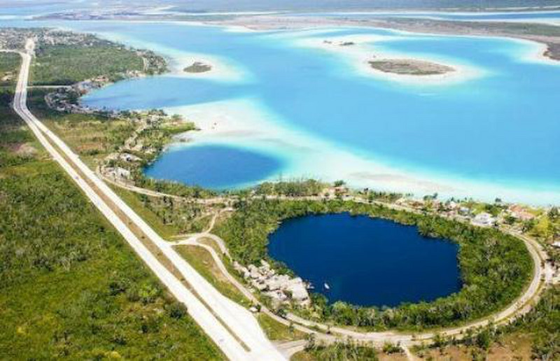  Drone view  of Lake Bacalar showing the Cenotes