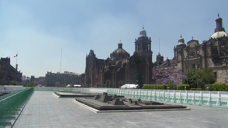 Cathedral on the right, Aztec ruins on the left. 