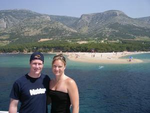 Us with the island of Bol in the background, before we swam over