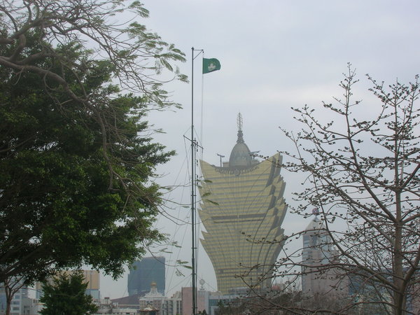 Macau flag and Grand Lisbon Casino