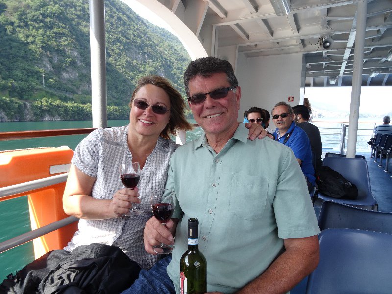 Enjoying a bottle of wine of the ferry back to Como