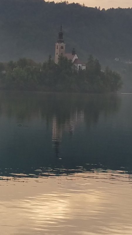 The Island and Lake Bled at sunset.