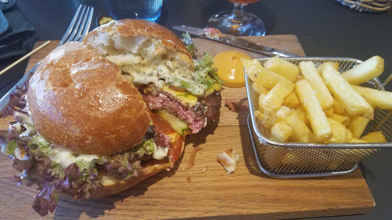 Arctic burger and fries for dinner, and local beer made with thyme