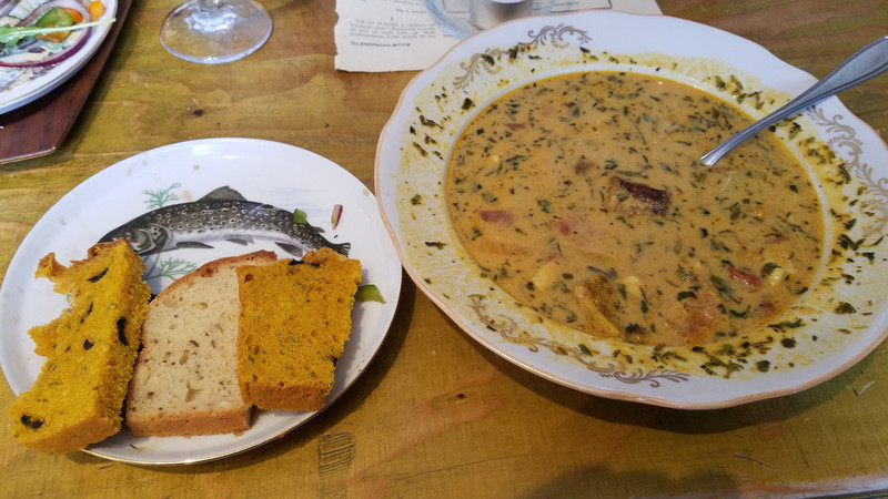 Fish soup and beer bread.