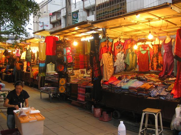 Market stalls at sunset