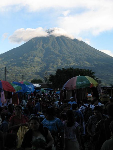 The market and the volcano, often covered in cloud