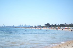Brighton Beach with Melbourne skyline in background