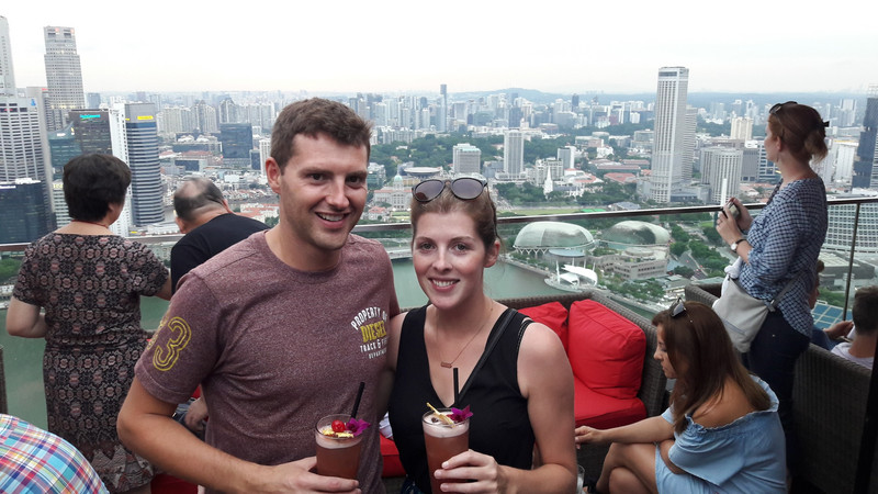 Enjoying Singapore Slings on theBay rooftop bar of MBS