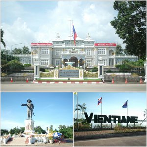 Presidential Palace and a statue of the last King of Laos