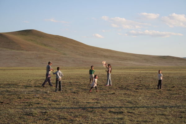 These Mongolian kids are thrilled with the kite we brought 