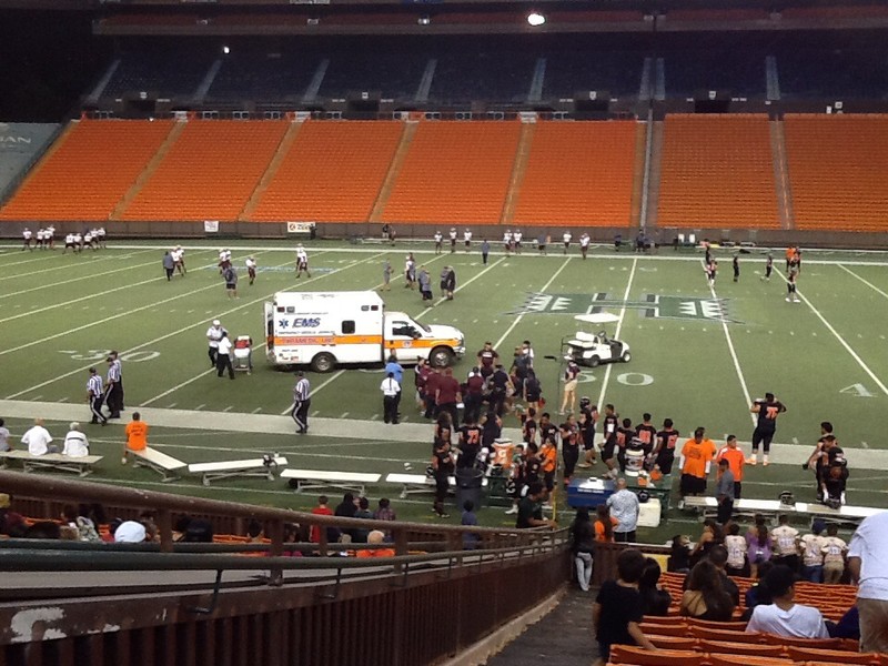The ambulance drives right on the field