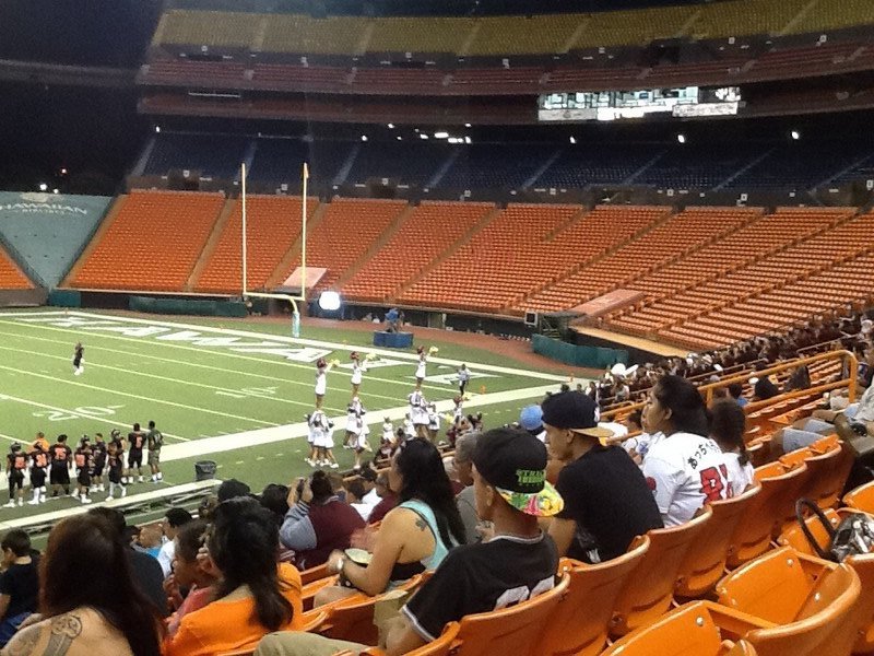 Cheer squad with full,band in stands just above them