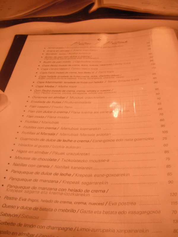 Menu in Spanish and Basque