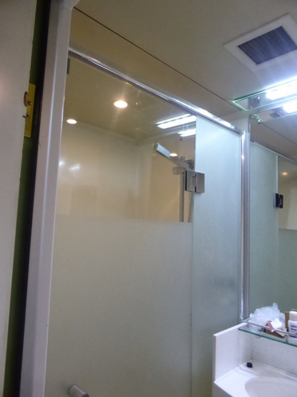 A glass door defined shower recess
