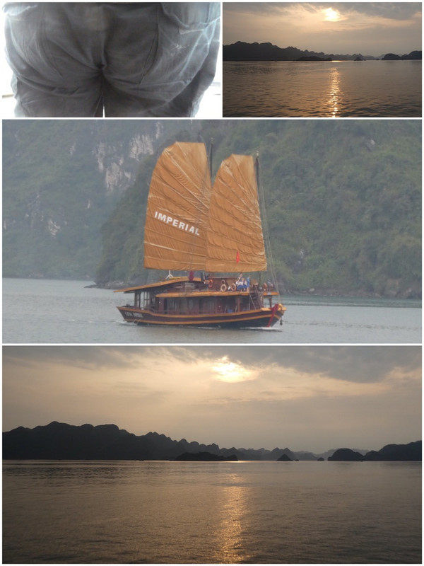 The sun shines: a glimpse of sunset on Halong Bay.