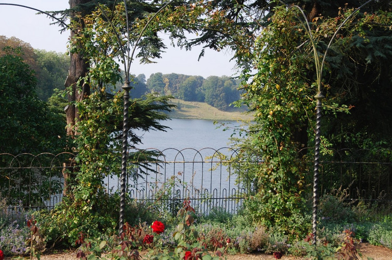 View from rose garden of a lake