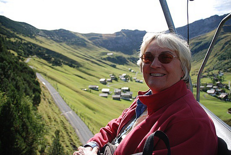 Stacy on the chairlift to the top of the mountain 